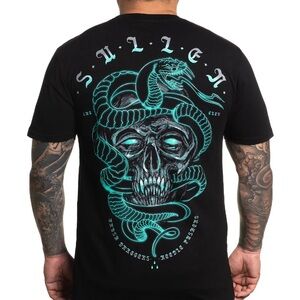 NWT Sullen Mens Petite Small Black Graphic Tee With Neon Snake Skull Design